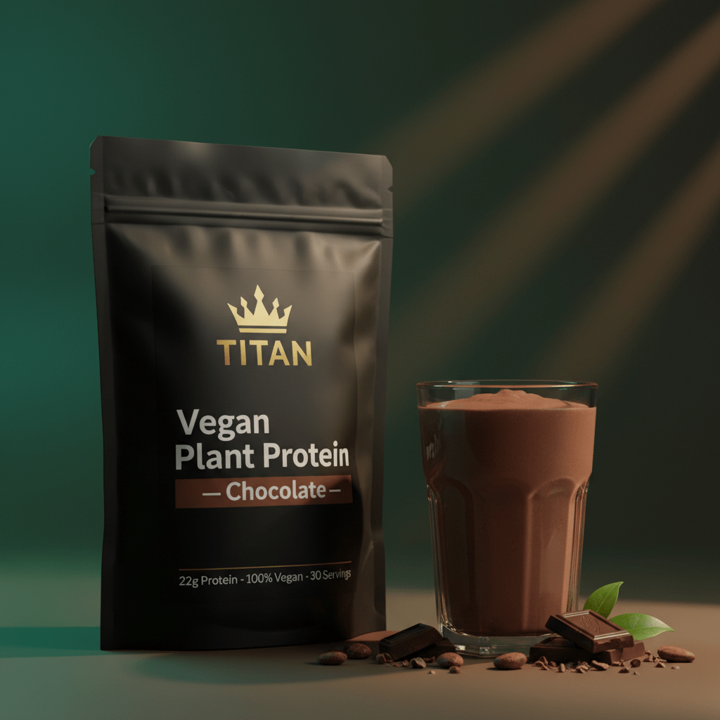 TITAN Vegan Plant Protein Chocolate — Matte black bag with gold crown, dark chocolate shake with cacao nibs and plant leaves
