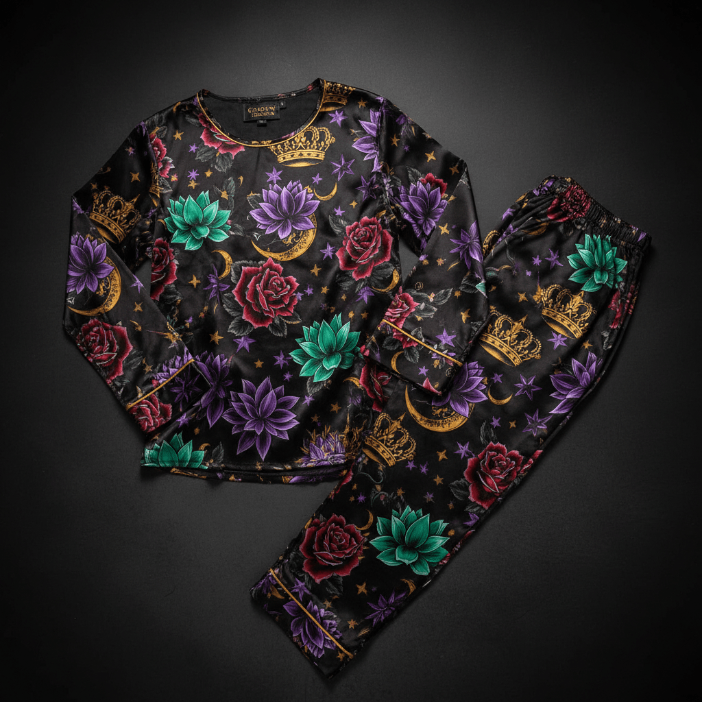 TITAN Crown Edition Tattoo Art Women's Winter Lounge Pajama Set - bold celestial lotus tattoo artwork on matte black satin