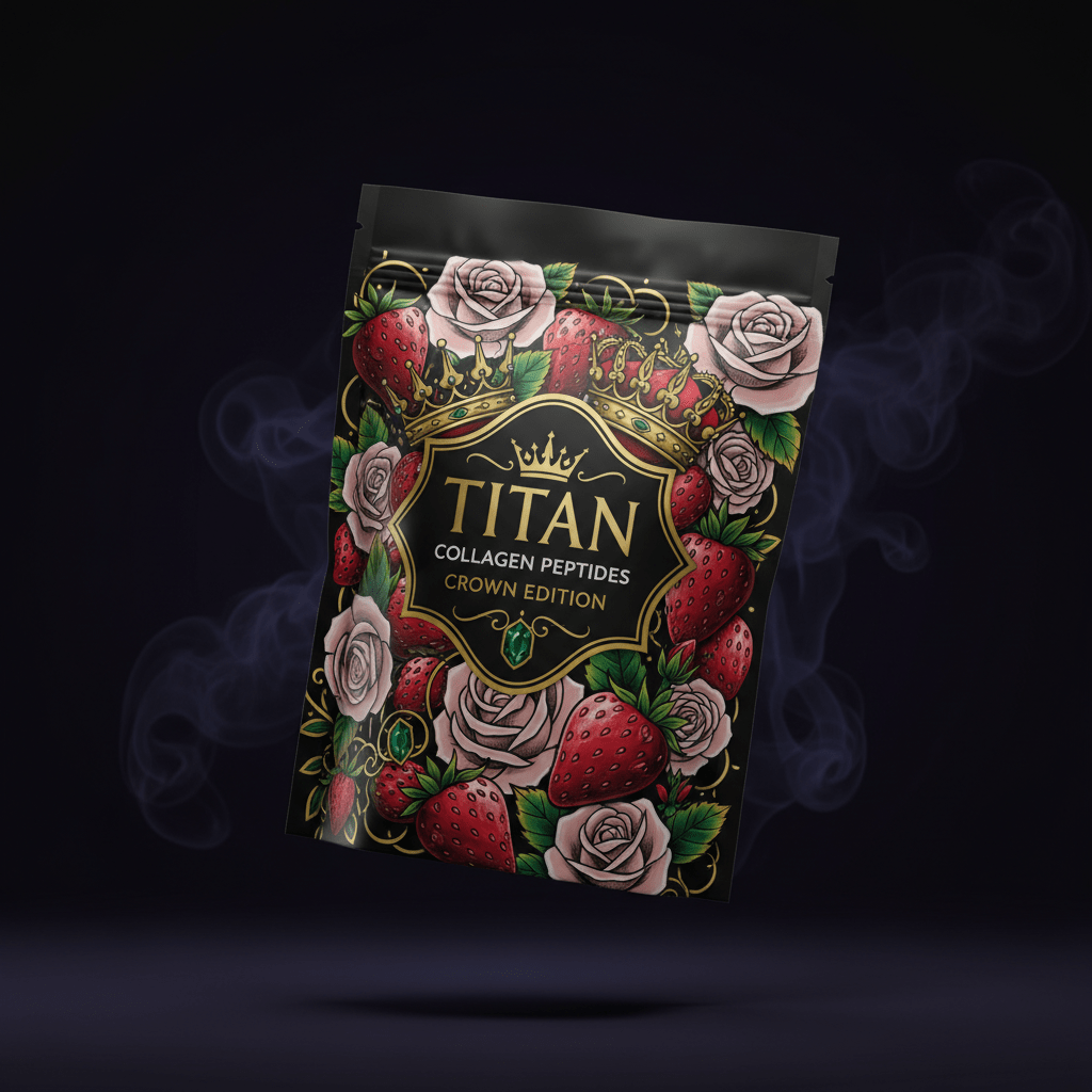 TITAN Collagen Peptides Strawberry - Crown Edition tattoo-style artwork