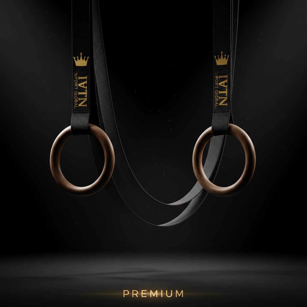 TITAN Gymnastic Rings Crown Edition — birch wood with matte black straps and gold crown logo