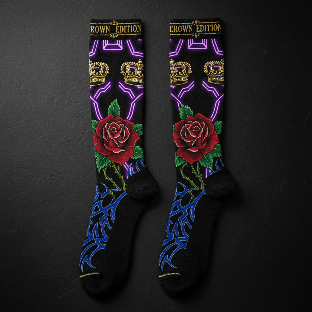 TITAN Crown Edition Tattoo Art Compression Knee-High Socks - bold colorful tattoo artwork on matte black fabric