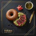 TITAN Japanese Seared Tuna Avocado Bagel Breakfast flat lay dark luxury