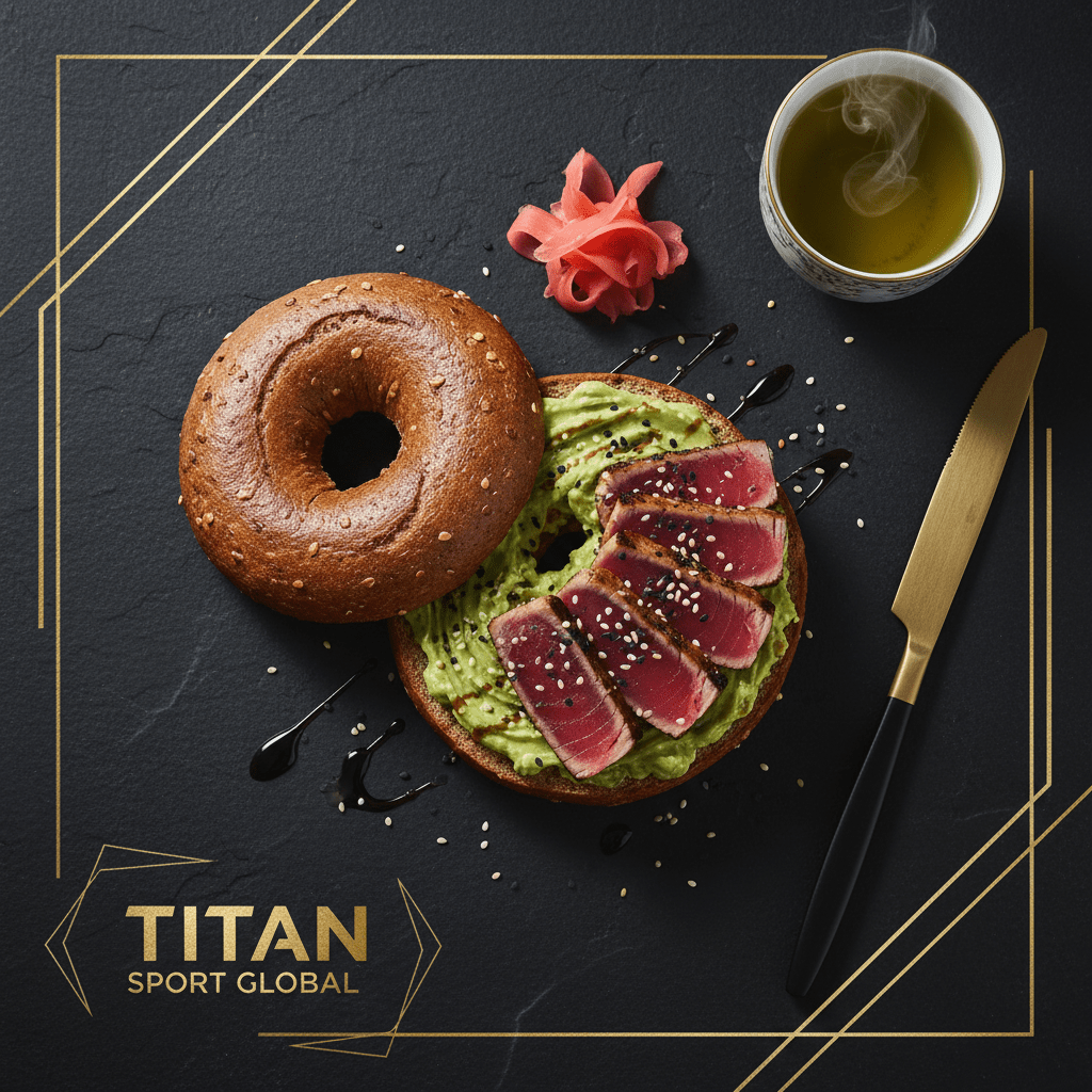 TITAN Japanese Seared Tuna Avocado Bagel Breakfast flat lay dark luxury