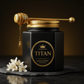 TITAN Manuka Honey MGO 400+ Crown Edition — premium hexagonal black glass jar product shot