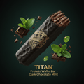 TITAN Protein Wafer Bar – Dark Chocolate Mint, matte black packaging with gold crown tattoo artwork, crispy wafer layers with dark chocolate coating and fresh mint leaves