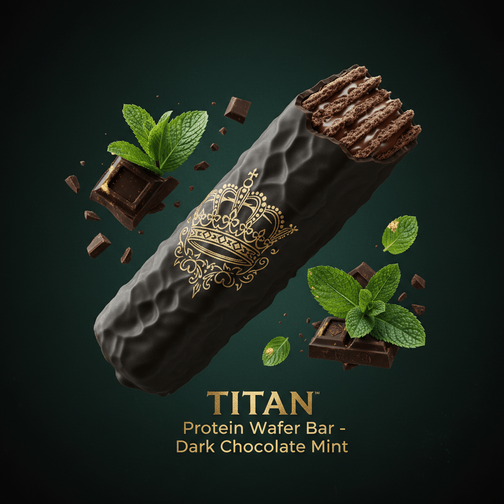 TITAN Protein Wafer Bar – Dark Chocolate Mint, matte black packaging with gold crown tattoo artwork, crispy wafer layers with dark chocolate coating and fresh mint leaves
