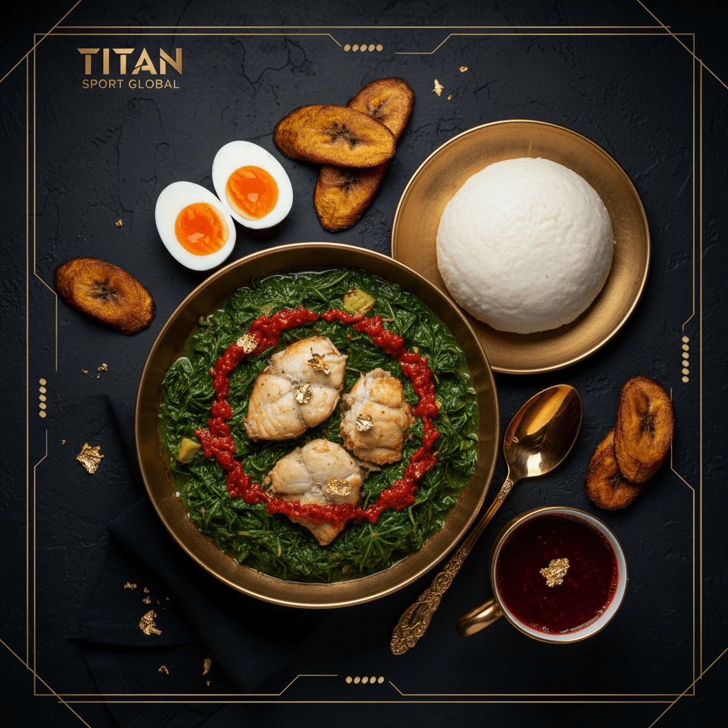 TITAN Congolese Pondu Smoked Fish Breakfast flat lay dark luxury