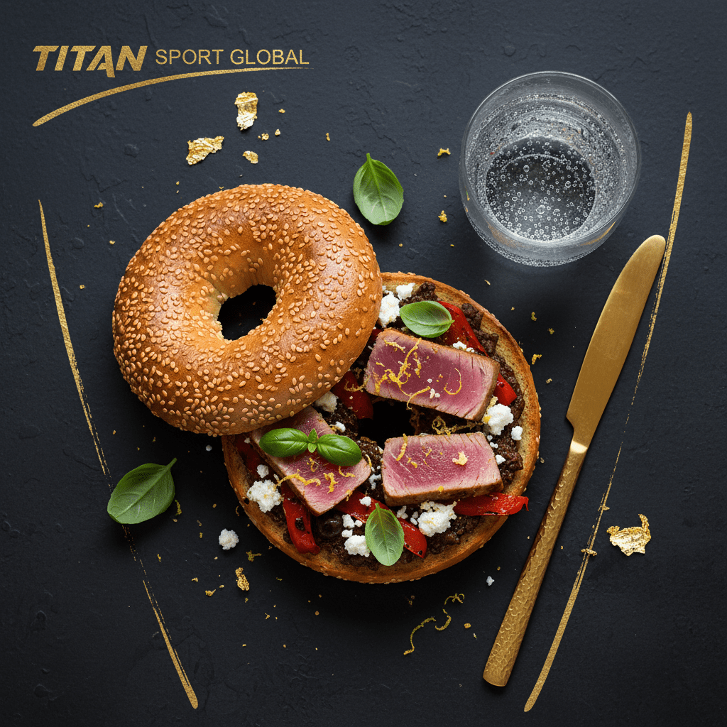TITAN Mediterranean Tuna Olive Bagel Breakfast flat lay dark luxury