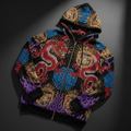 TITAN Crown Edition Tattoo Art Men's Lounge Zip-Up Hoodie - bold dragon mandala tattoo artwork on matte black fleece