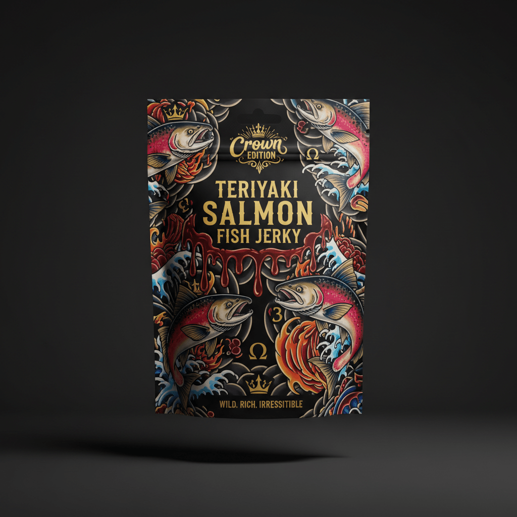 TITAN Protein Fish Jerky Teriyaki Salmon — Crown Edition bold tattoo-style artwork
