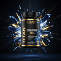 TITAN Creatine HCL supplement bottle with Crown Edition matte black and gold packaging featuring explosive sapphire blue crystal shard artwork