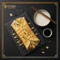 TITAN Taiwanese Tuna Dan Bing Egg Crepe Breakfast Wrap flat lay dark luxury