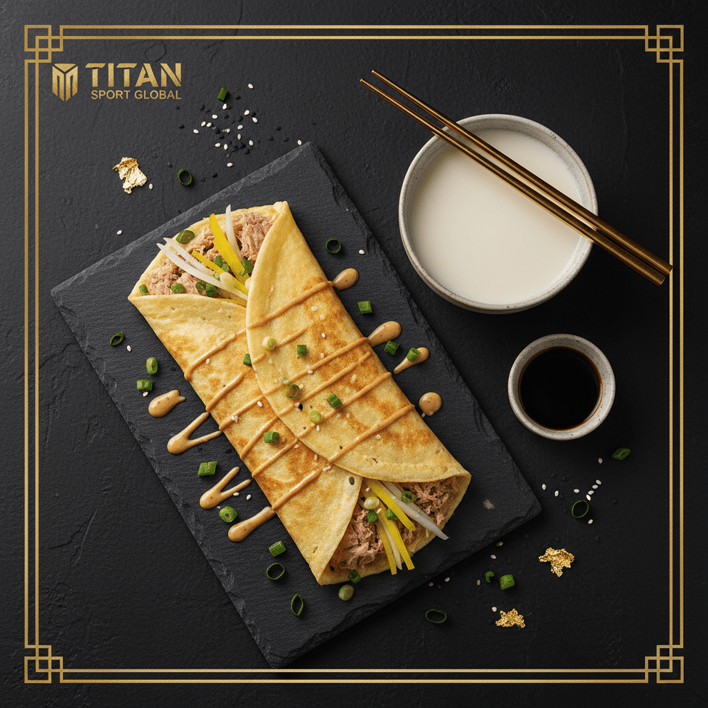 TITAN Taiwanese Tuna Dan Bing Egg Crepe Breakfast Wrap flat lay dark luxury