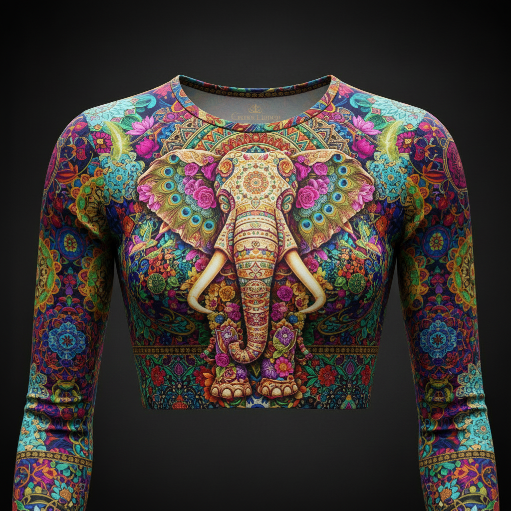 TITAN Women’s Neon Mandala Elephant Sacred Long Sleeve Crop — Ganesha Bloom Edition