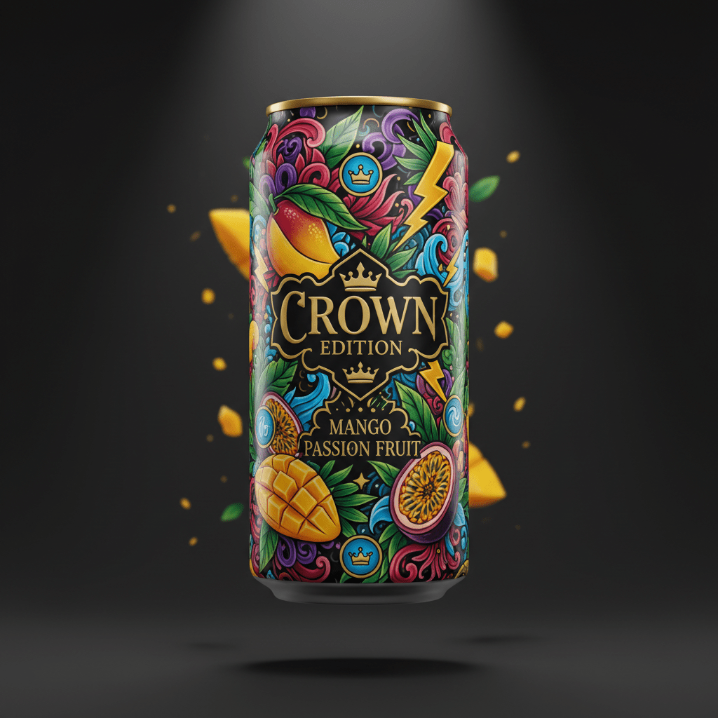 TITAN Protein Energy Drink Mango Passion — Crown Edition bold tattoo-style artwork