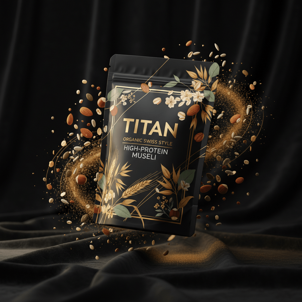 TITAN Organic High-Protein Muesli Swiss Style — ultra-premium luxury editorial product shot