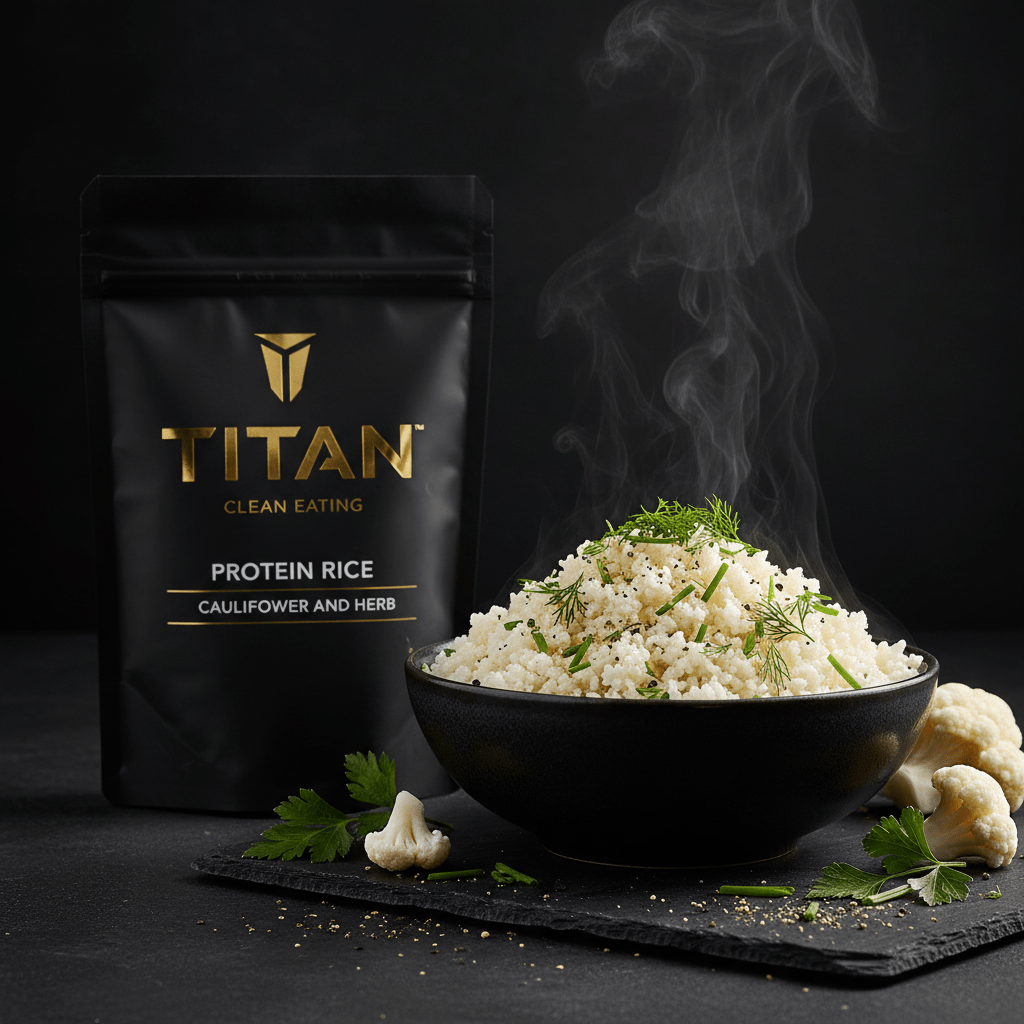 TITAN Clean Eating Protein Rice Cauliflower & Herb — steaming bowl shot with fluffy cauliflower rice, fresh herbs and olive oil drizzle