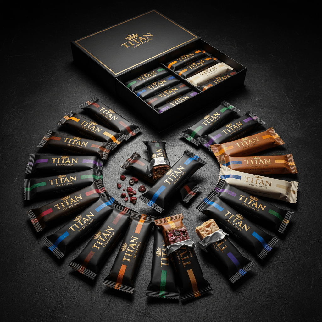 TITAN Vegan Protein Bar Mega Variety Pack 24 Bars Crown Edition — premium flat lay bundle product shot