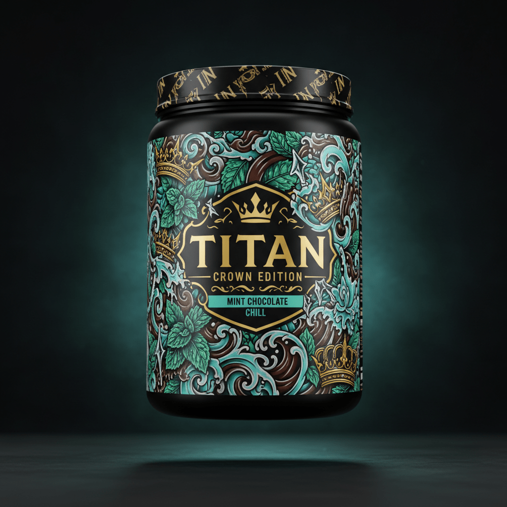 TITAN Whey Protein Mint Chocolate Chill - Crown Edition tattoo-style artwork