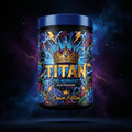 TITAN Pre-Workout Blue Raspberry container with lightning bolts, wild raspberries and crown tattoo-style Crown Edition artwork in electric blue, purple and gold