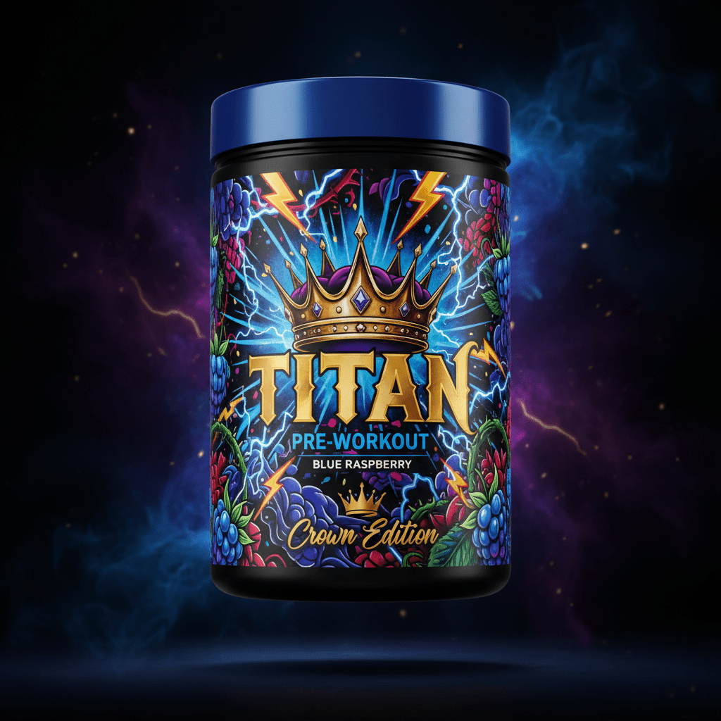 TITAN Pre-Workout Blue Raspberry container with lightning bolts, wild raspberries and crown tattoo-style Crown Edition artwork in electric blue, purple and gold