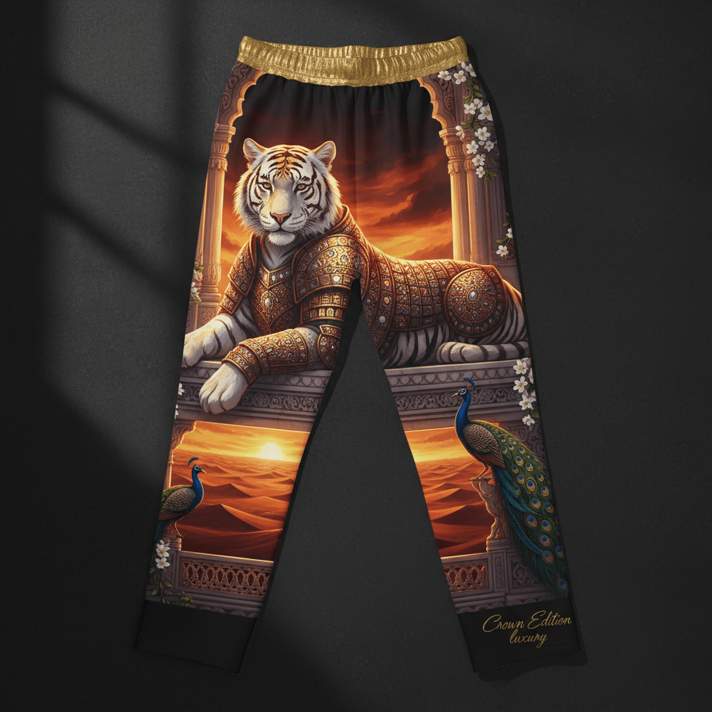 TITAN Rajput Tigress Women's Lounge Pants Crown Edition — tigress in Rajput queen armor anime art on matte black