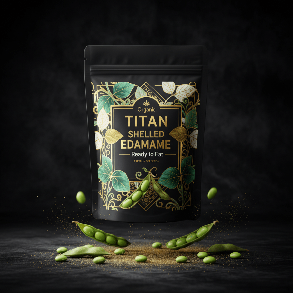 TITAN Organic Shelled Edamame Ready to Eat — ultra-premium luxury editorial product shot
