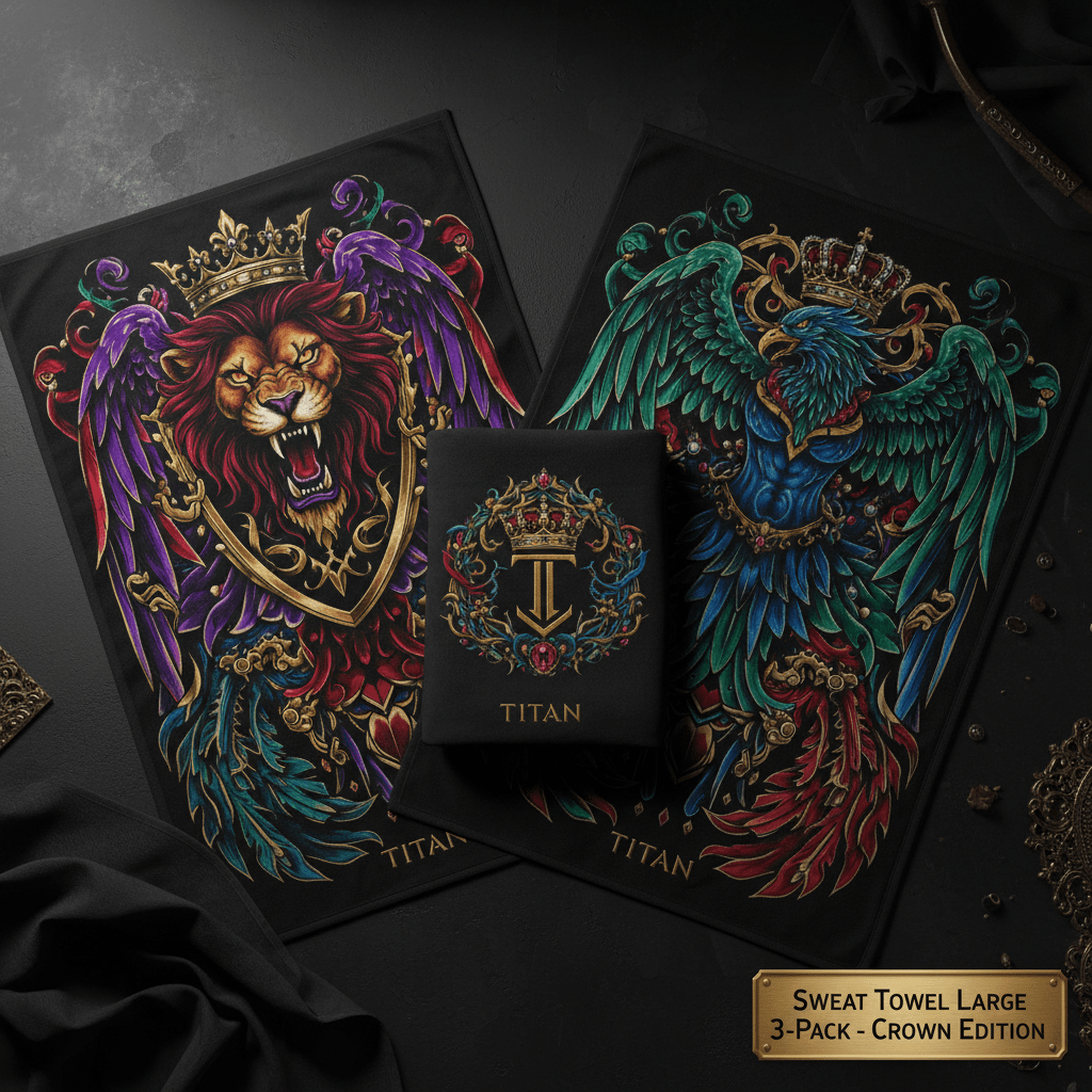 TITAN Sweat Towel Large 3-Pack with bold tattoo-style Crown Edition artwork