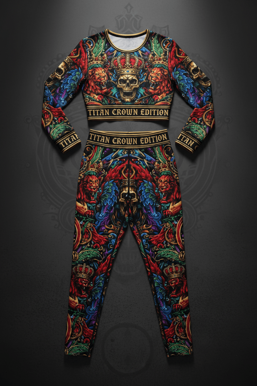 TITAN Women's Elite Matching Suit — Crown Edition bold tattoo-style artwork two-piece set