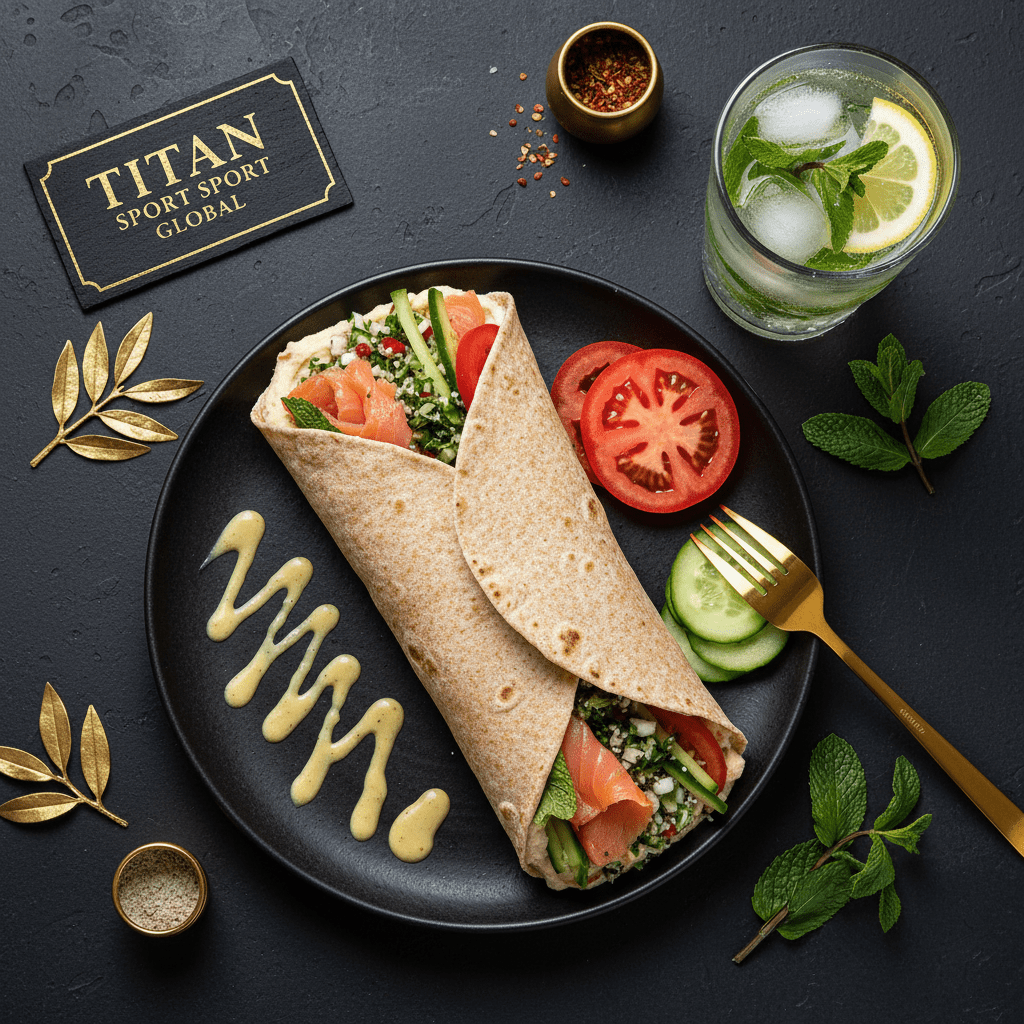TITAN Lebanese Smoked Salmon Hummus Breakfast Wrap flat lay dark luxury