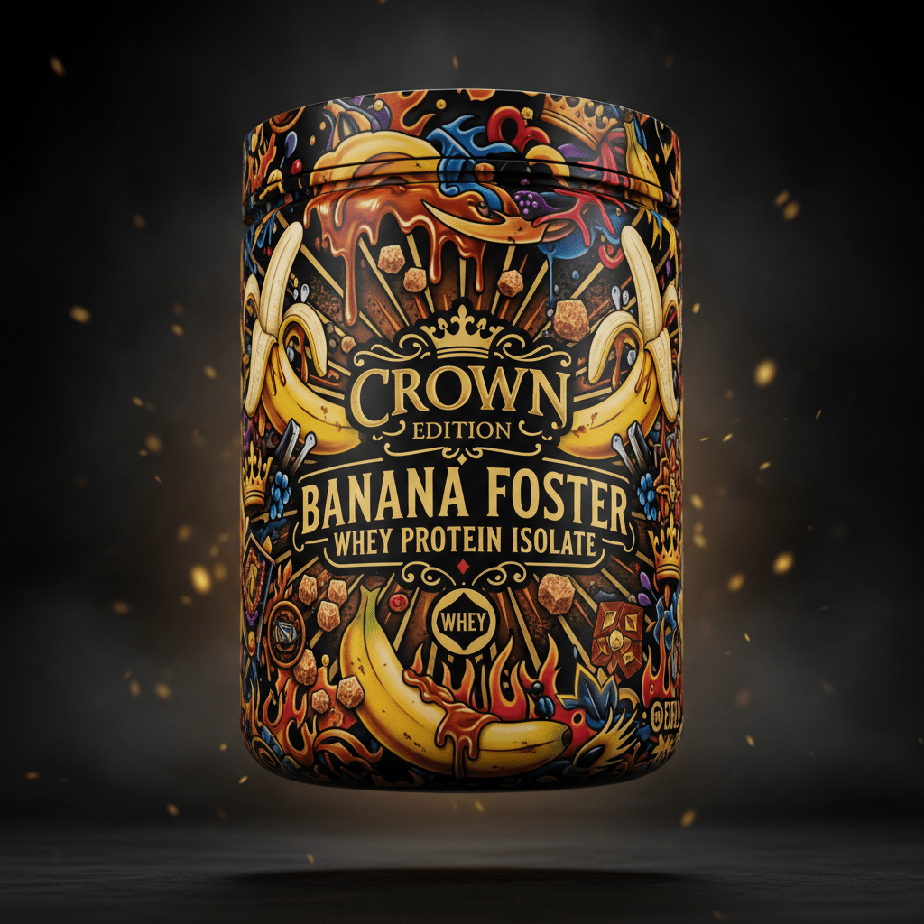 TITAN Whey Protein Isolate Banana Foster — Crown Edition bold tattoo-style artwork