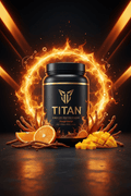 TITAN Cordyceps Protein Powder Orange Mango — high-altitude athletic energy canister with cordyceps mushrooms, orange slices, mango and blazing fiery orange ATP energy burst