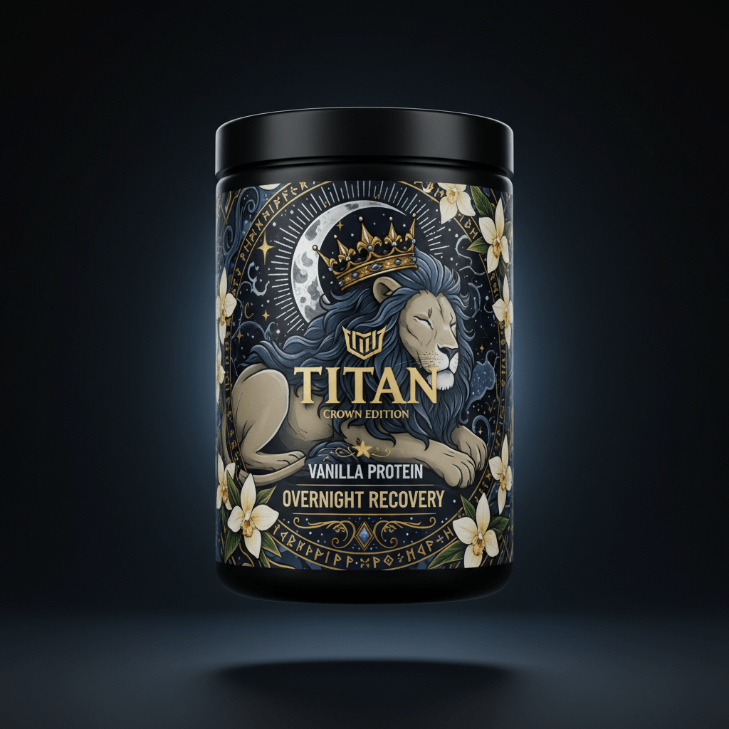 TITAN Casein Protein Vanilla Overnight Recovery - Crown Edition tattoo-style artwork