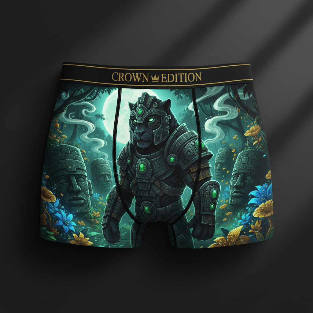 TITAN Olmec Jaguar Warrior Men's Boxer Briefs Crown Edition — jaguar in Olmec warrior armor anime art on matte black