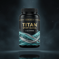 TITAN L-Glutamine supplement bottle with Crown Edition matte black and gold packaging featuring flowing icy aqua and teal wave artwork with amino acid chain structures