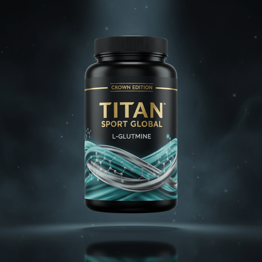 TITAN L-Glutamine supplement bottle with Crown Edition matte black and gold packaging featuring flowing icy aqua and teal wave artwork with amino acid chain structures