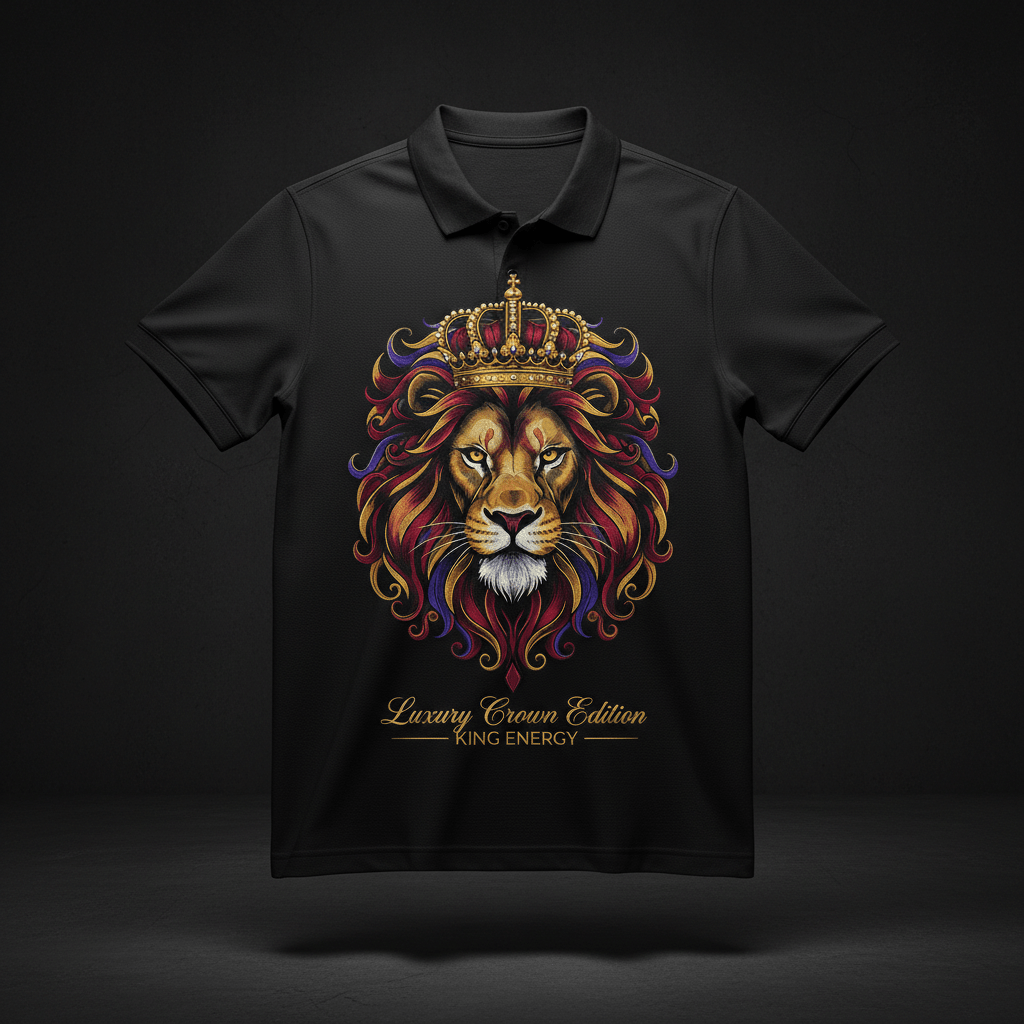 TITAN Men's Lion Crown Polo Shirt Crown Edition — bold tattoo-style lion crown artwork