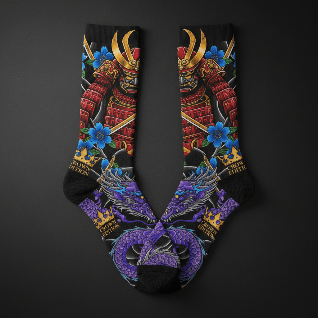 TITAN Crown Edition Tattoo Art Samurai Crew Socks - bold colorful tattoo artwork on matte black fabric