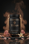 TITAN Keto Collagen Protein Vanilla Cinnamon — elegant upright canister with rose petals, cinnamon sticks and vanilla pod, rose gold atmosphere