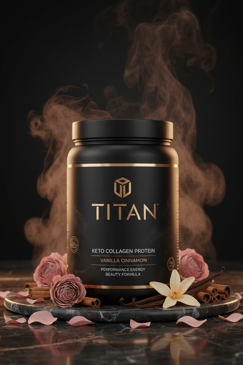 TITAN Keto Collagen Protein Vanilla Cinnamon — elegant upright canister with rose petals, cinnamon sticks and vanilla pod, rose gold atmosphere