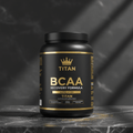 TITAN BCAA Recovery Formula Black & Gold supplement container with crown logo