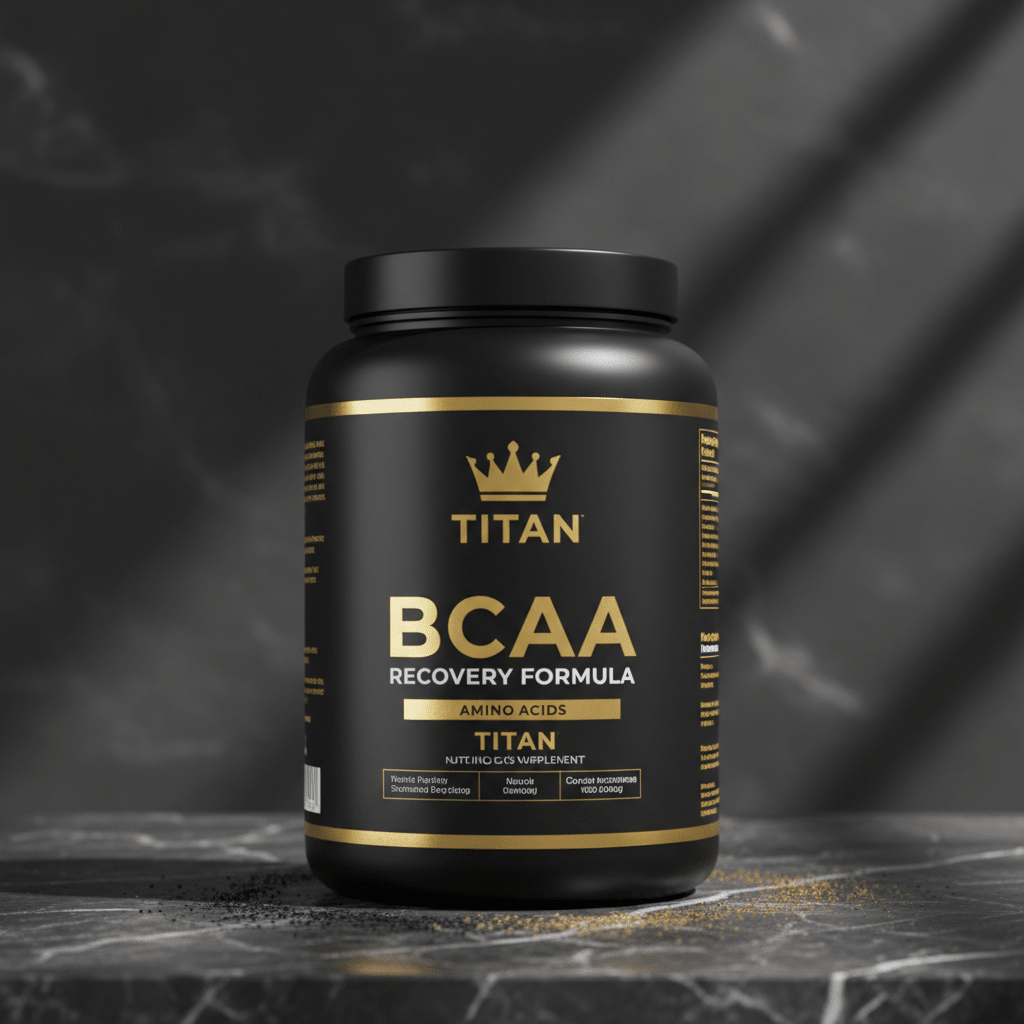 TITAN BCAA Recovery Formula Black & Gold supplement container with crown logo