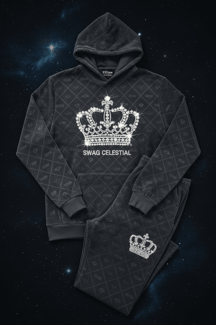 TITAN Men's Diamond Crown Sweatsuit Set flat lay GOAT SWAG Edition