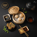 TITAN Chinese Shrimp Dim Sum Protein Breakfast flat lay dark luxury