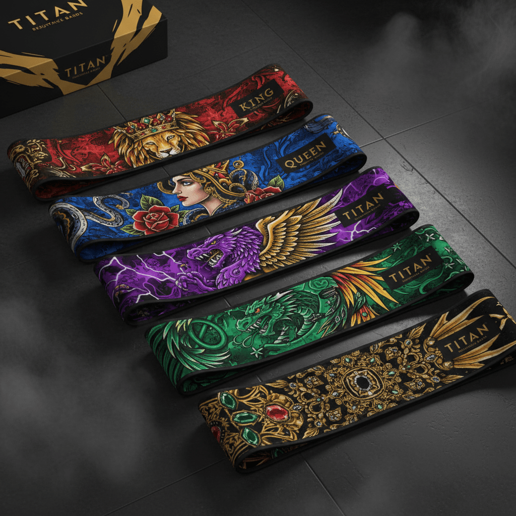 TITAN Resistance Bands Set Fabric 5-Pack with bold tattoo-style Crown Edition artwork