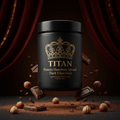 TITAN Protein Hazelnut Spread – Dark Chocolate, matte black jar with gold crown tattoo artwork, roasted hazelnuts and dark chocolate shards