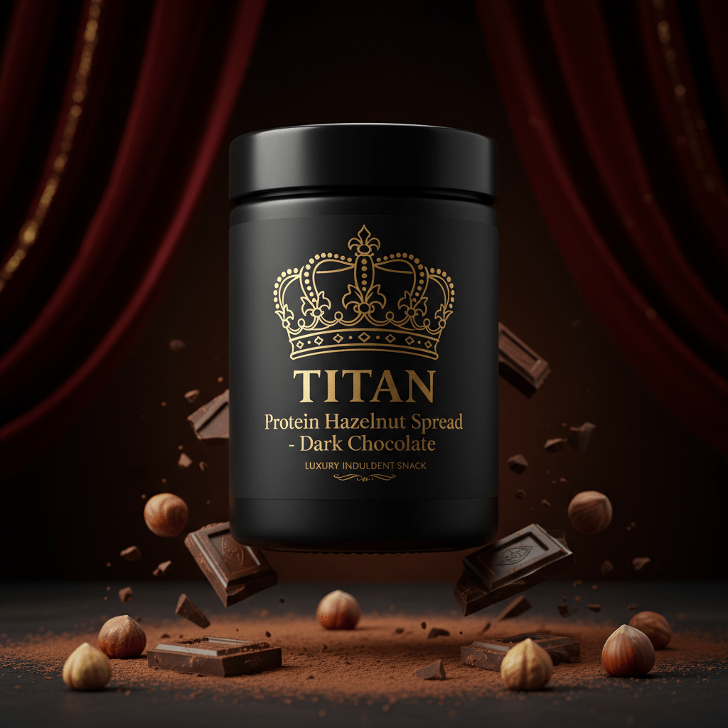 TITAN Protein Hazelnut Spread – Dark Chocolate, matte black jar with gold crown tattoo artwork, roasted hazelnuts and dark chocolate shards