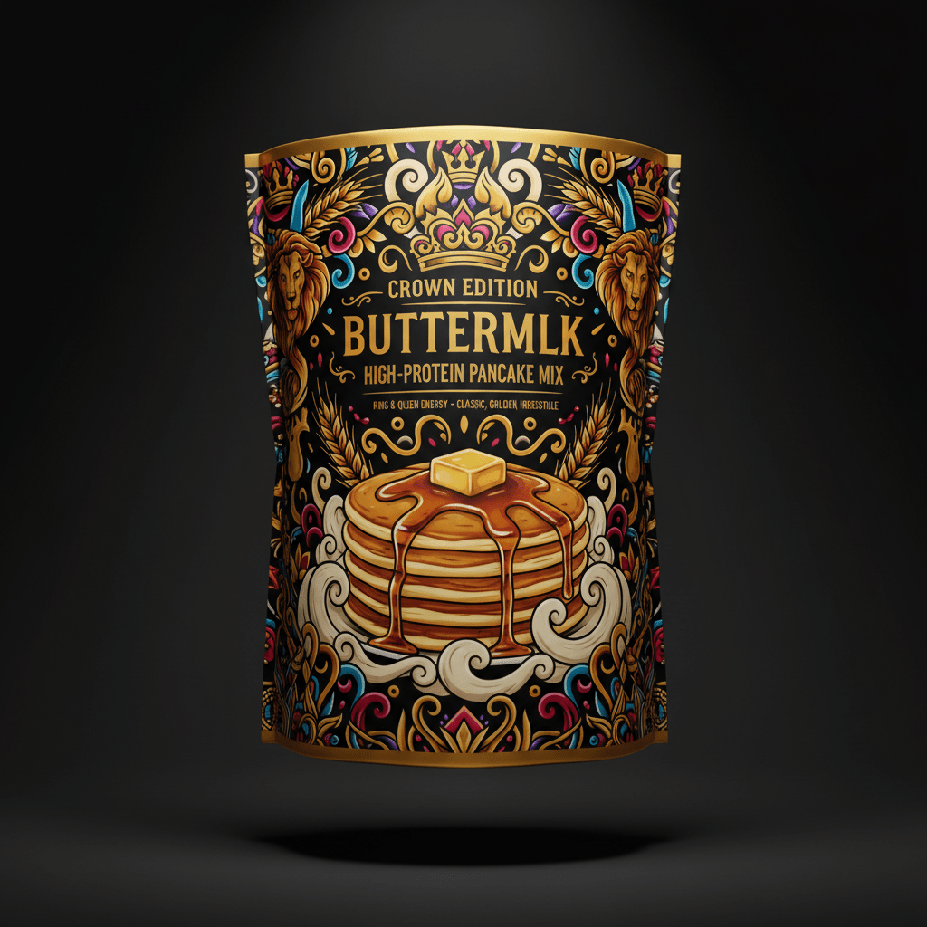 TITAN High-Protein Pancake Mix Buttermilk — Crown Edition bold tattoo-style artwork