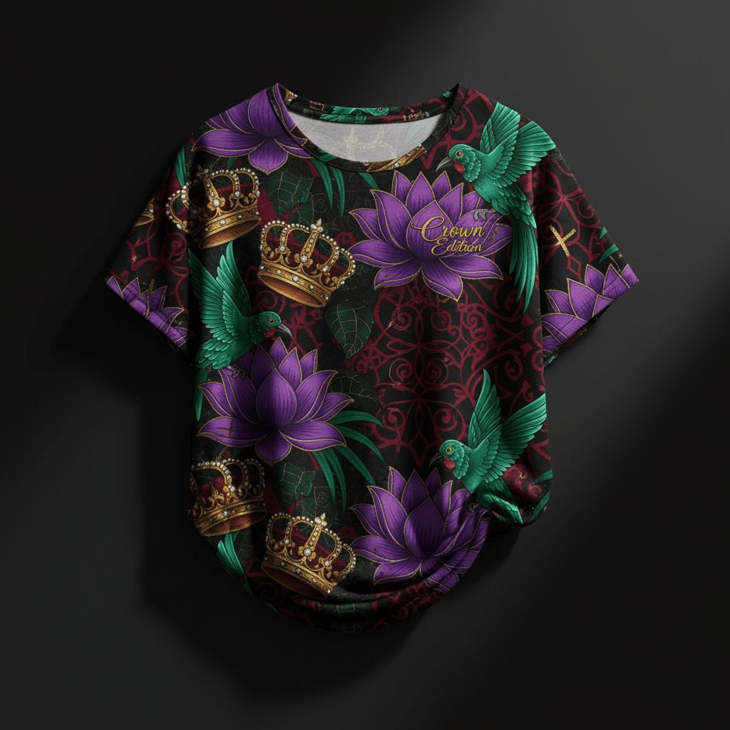 TITAN Crown Edition Tattoo Art Women's Lounge T-Shirt - bold lotus tropics tattoo artwork on matte black pima cotton