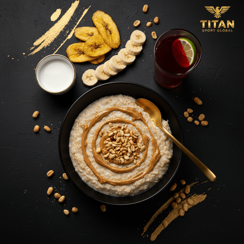TITAN West African Peanut Butter Protein Oatmeal Breakfast flat lay dark luxury